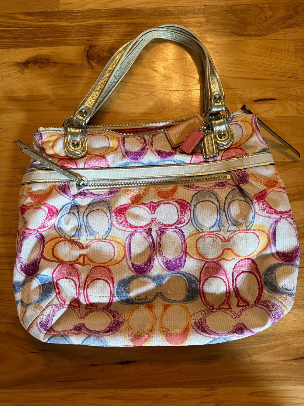 Coach Multicolor Signature Print Shoulder Bag with Metallic Handles